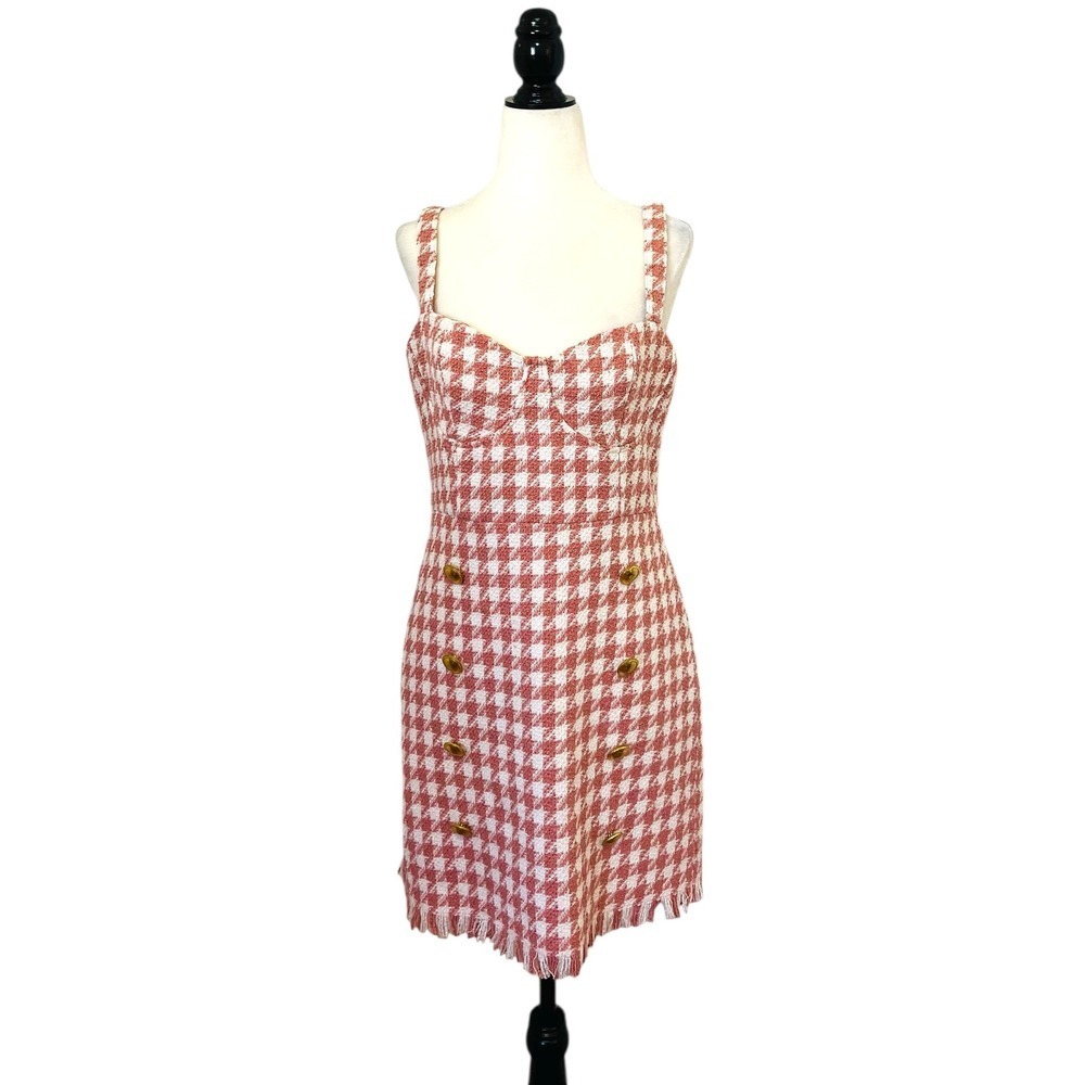 Forever 21 Houndstooth Mini Dress Button Front Sleeveless Pink White M - Picture 2 of 9